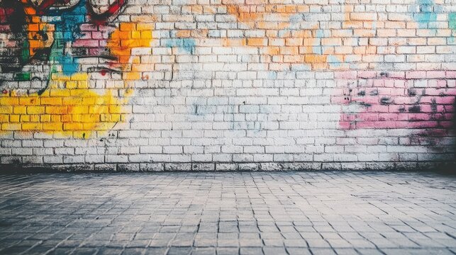 Artful title graffiti painted on a white brick wall, providing a colorful canvas with plenty of space for text and images to shine.
