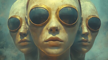 Wall Mural - Three alien faces with gold frames and sunglasses