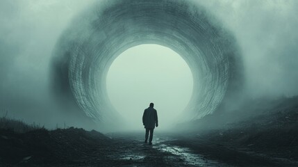 Wall Mural - A man walks through a tunnel with a large hole in the middle