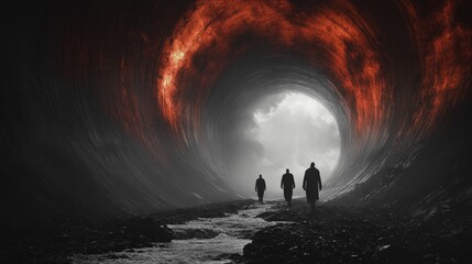 Poster - Three people walking through a tunnel with red flames