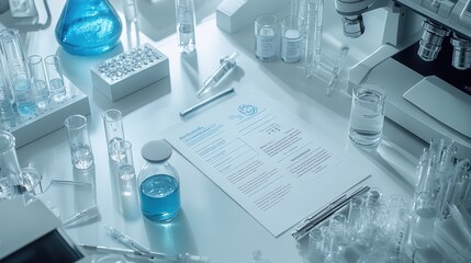 Poster - A corporate flyer with detailed company information and branding, displayed on a white science laboratory surface