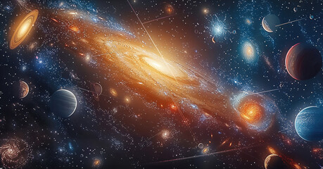 Aufkleber - Multiple stellar systems in the Milky Way, each with its own stars and planets. Some stars are red, others blue, with planets of different sizes orbiting them. galaxies full of celestial objects.