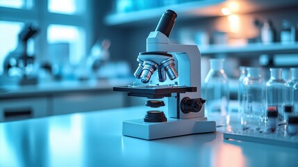 Poster - A DL flyer promoting scientific discoveries, positioned on a white lab bench with a clean and organized background of scientific instruments and a professional laboratory environment