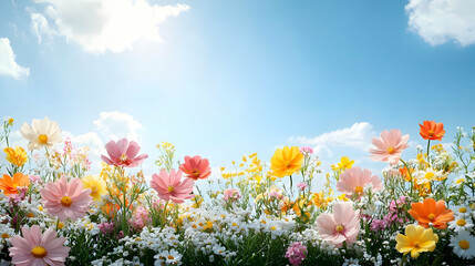 Wall Mural - A vibrant field of colorful flowers under a sunny sky.