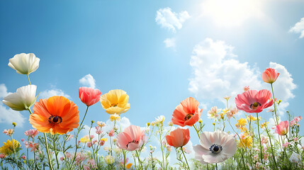 Sticker - A vibrant field of colorful flowers under a bright blue sky.