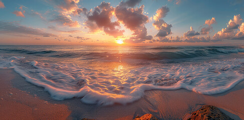 Poster - A serene coastal beach during sunset. The sun is low on the horizon.