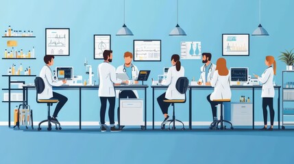 Poster - A healthcare team collaborating on a patient's care plan in a blue health science lab