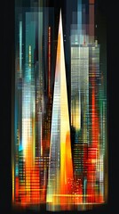 Wall Mural - Abstract cityscape with a tall building in the center, glowing with vibrant colors.