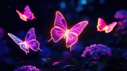 Wall Mural - neon butterflies flying over flowers in the night