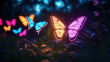Wall Mural - neon butterflies in night forest