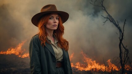 Young Caucasian woman with long red hair wearing wide-brimmed hat and dark green coat, standing in front of raging fire in background