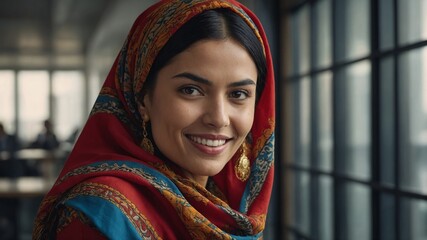 Young Middle Eastern woman with dark hair wearing colorful patterned headscarf, smiling at camera