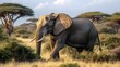 © BAYC - Saving Elephants: Wild Elephant in its Natural Environment A majestic elephant roaming in a savanna-like landscape surrounded by green trees and bushes.