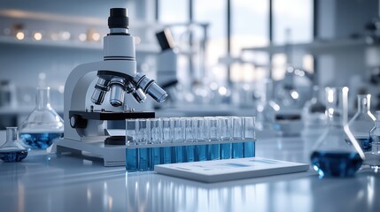 Poster - A white science laboratory scene with a business flyer promoting scientific solutions