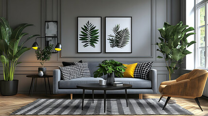 Sticker - Modern living room with plants and stylish decor.