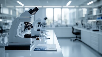 Poster - A white science laboratory scene with a corporate flyer promoting business services