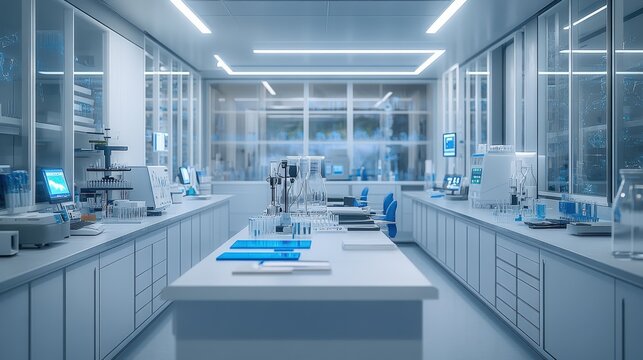Corporate flyer designed for a science-focused business, positioned on a white laboratory workbench