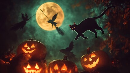 scary halloween background. halloween scene with bats , whichy and pumpkins