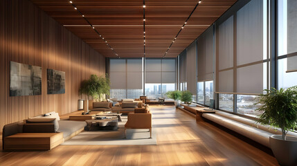 Wall Mural - Modern, spacious lounge with wooden accents and city views.