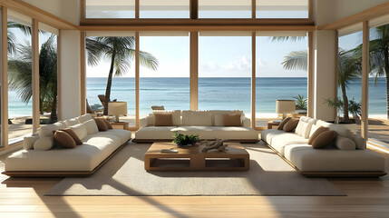 Poster - Elegant beachside living room with panoramic ocean views.