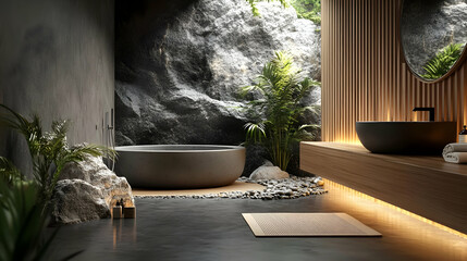 Wall Mural - Modern bathroom design with natural elements and serene atmosphere.