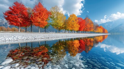 Poster - A row of red, orange, green, colorful trees standing on white pebbles, reflected in clear water, blue sky and white clouds.