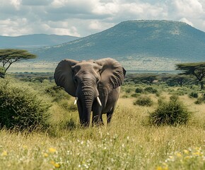 Saving Elephants: Wild Elephant in its Natural Environment A majestic elephant roaming in a savanna-like landscape surrounded by green trees and bushes.