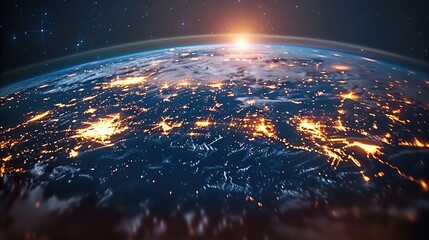 Fototapete - A night-time view of the Earth from space, with major cities glowing brightly. Thin digital lines link these cities, symbolizing the global digital network that never sleeps.