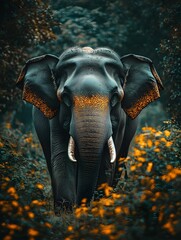 Saving Elephants: Wild Elephant in its Natural Environment A majestic elephant roaming in a savanna-like landscape surrounded by green trees and bushes.