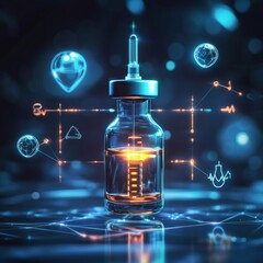 Aufkleber - A futuristic syringe filled with glowing liquid surrounded by holographic symbols. This digital artwork captures the essence of innovation and technology in medicine.