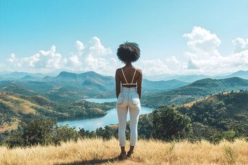 A black woman stands on a hillside, gazing at a stunning landscape with mountains and a calm lake under a bright blue sky