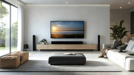 Wall Mural - Modern living room with a TV, furniture, and natural light.