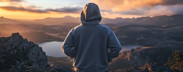 Wall Mural - Man is enjoying the sunset over a mountain lake