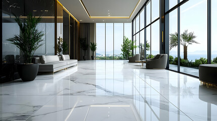 Sticker - Modern lobby with marble flooring and large windows showcasing greenery.