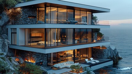 Aufkleber - A modern house with a lot of glass and steel that looks warm, by the seaside.
