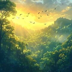 Canvas Print - A serene landscape at sunrise with trees and birds, showcasing nature's beauty and tranquility.