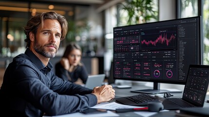 Financial Trader Analyzing Complex Market Data on Multiple Screens