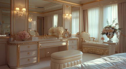 Poster - Vanity set in beige with gold trim inside of a master bedroom of a luxury home.