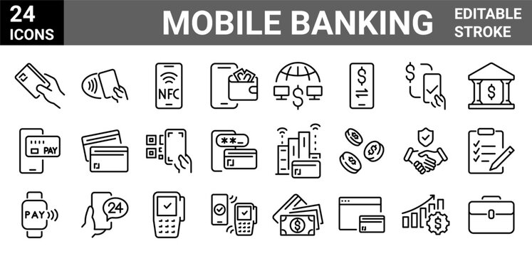 Mobile banking. line web icons. Online, Piggy Bank, Cash, Credit Cards, Money Bag, Currency Exchange, Coins and Paper Bills and others. Editable stroke.
