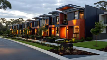 Canvas Print - Modern residential buildings with landscaped surroundings at dusk.