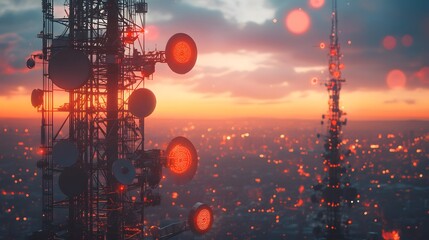 Communication radar featuring satellite dishes and telecommunication towers with antennas, set against an urban skyline during sunset with bokeh lights.