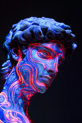 A classic bust illuminated with neon lines in a futuristic style, vividly contrasting tradition with the vibrancy of modern design.