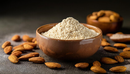 Wall Mural - Bowl of almond flour and raw almond nuts. Baking and culinary concept.