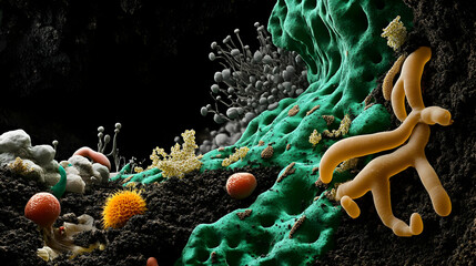 Wall Mural - Microscopic view of diverse microorganisms and cellular structures.