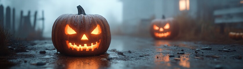 Two carved pumpkins glow ominously in a misty, dark scene, creating a spooky atmosphere ideal for Halloween.