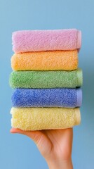 Vibrant stack of colorful towels balanced on a hand against a blue background, showcasing softness and variety in bathroom essentials and home decor.