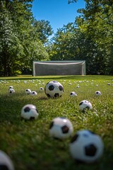 A field scattered with small soccer balls in front of a goal under a clear blue sky