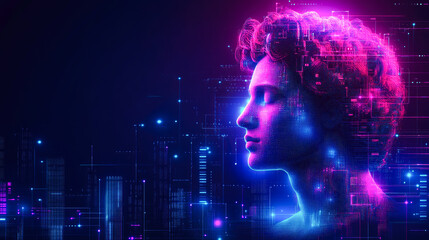 Poster - A futuristic bust with a digital matrix theme glows under neon lights, symbolizing the intersection of humanity and technology.