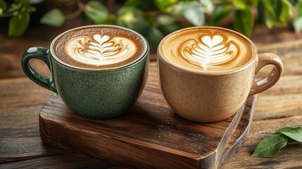 Two artfully crafted latte cups with intricate leaf designs in foam, served on a rustic wooden board, surrounded by lush green foliage, exuding cozy cafe vibes.