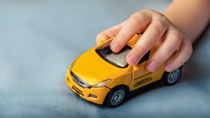 Child playing with a car craft, close-up. Child's hand holding a bright toy car.